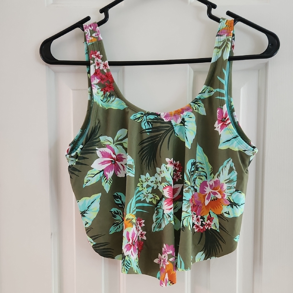 No Boundaries Green Pink Floral Bikini Top